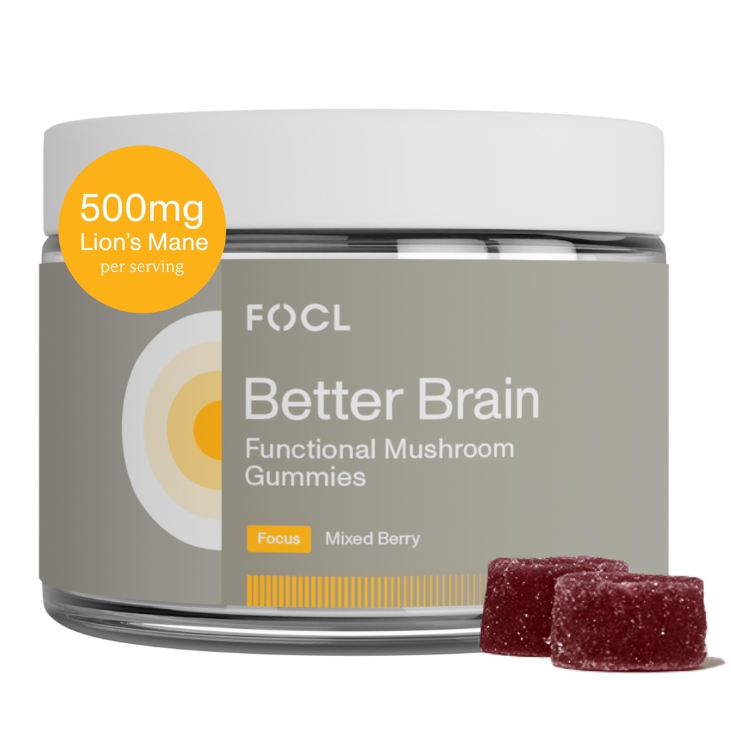 FOCL Lions Mane Mushroom Gummies - תוסף Mushroom עבור תפקוד המוח, מיקוד, זיכרון, אנרגיה, Immune Boost, Stamina - Nootropic Complex Lion's Mane, Reishi, Cordyceps - טבעוני, Gluten Free, אורגני