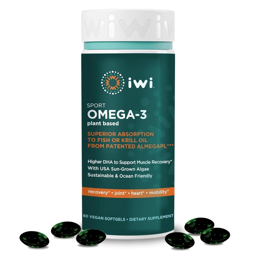Iwi אומגה 3 ספורט, 60 Softgels (30 משרתים), צמח מבוסס אלגה אומגה 3 עם DHA, תרגיל שיקום תמיכה דיאטה תוספת, קריל ושמן דגים אלטרנטיבי, ללא דגים