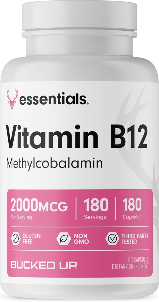 Bucked Up ויטמין B12 2000mcg - Methyhydrobalamin, Essentials (180 משרתים, 180 קפסולות)