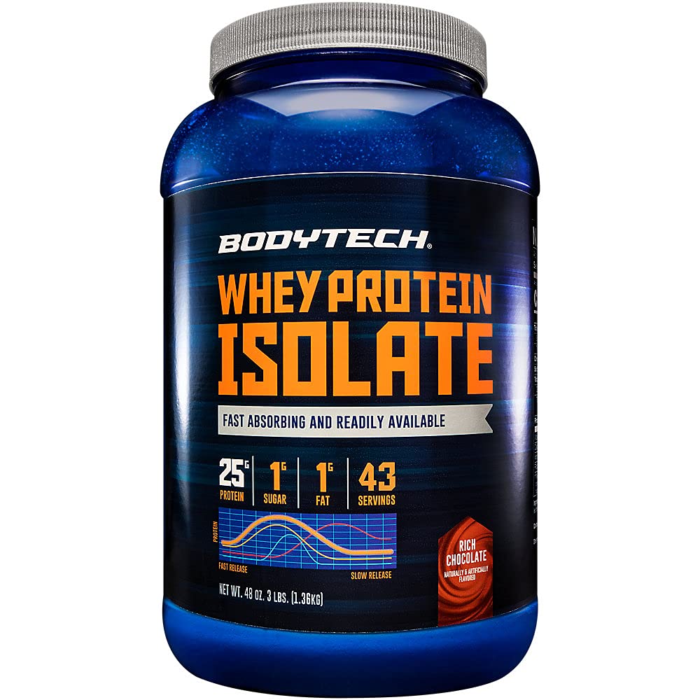 BODYTECH Whey חלבון Isolate אבקה - עשיר שוקולד פלמור - תוספת חלבון פרימיום לגידול שרירים ושיקום - דלת פחמימות ופורמולה חלבון גבוה עבור ביצועים (3 lbs / 43 משרתים)