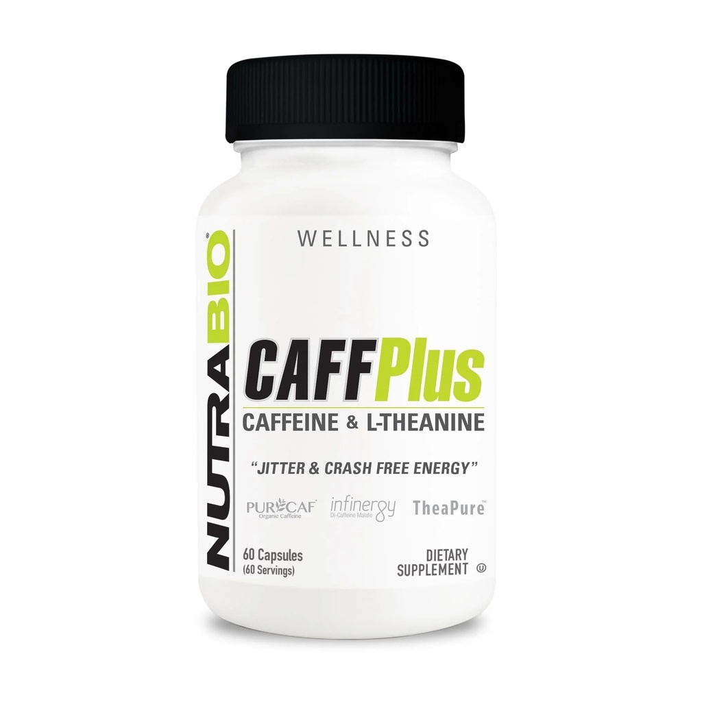 NutraBio CaffPlus, Dual Source Caffeine עם Theanine עבור אנרגיה בריאה Boost - 60 קפסולות ירקות