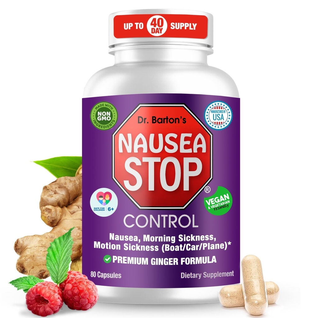 Dr. Barton's Nausea Stop - ג'ינג'ר טבעי, Non-Drowsy Nausea גלולות עבור מבוגרים וילדים, אנטי נוזה, Upset Stomach, Morning Diseaseness & Pregnancy Nausea - Travel Essentials - 80 קפסולות (1 Pack)