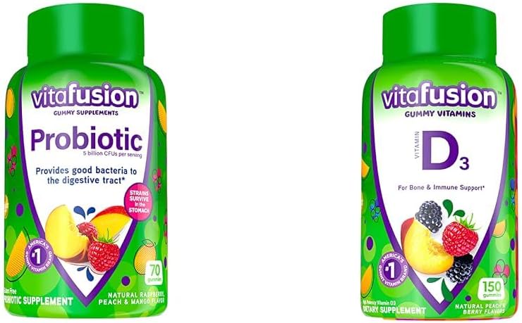 Vitafusion Probiotic Gummy Supplements, Raspberry, Peach ו-Moga Flavors & ויטמין D3 Gummy ויטמינים עבור העצם ו- Immune System Support