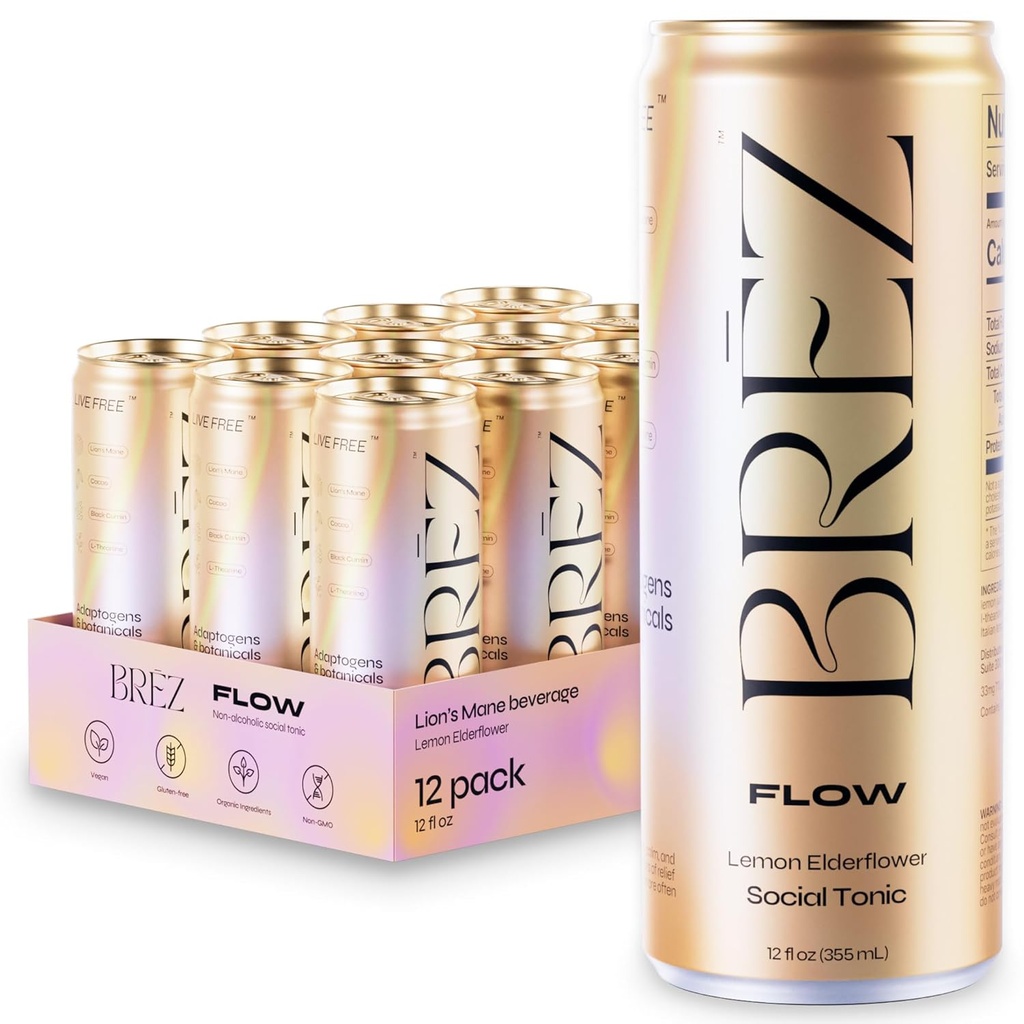 BREZ FLOW Lion's Mane Mushroom Drink,12-Pack, Non-Infused, Fitogens, Relieving, Uplifting, and Social, Sparkling Lemon Elderflower Tonic 12 Fl oz