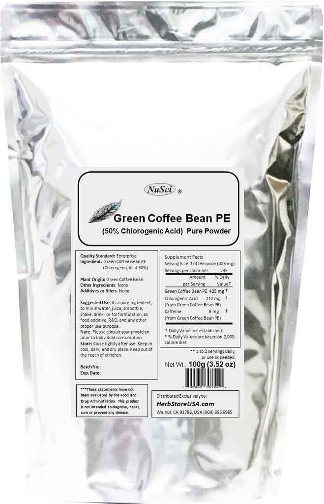 אבקת ייצור קפה ירוק Bean, סטנדרטית 50% Chlorogenic Acid (100 גרמים (3.52 oz)