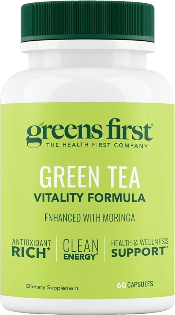 Greens First Green Tea Vitality פורמולה - משופרת עם Moringa - Antioxidant-Rich עבור אנרגיה נקייה - טבעונית וגלוטן חינם - תערובת Powerful עבור אנרגיה כללית בריאות (60 קפסולות)
