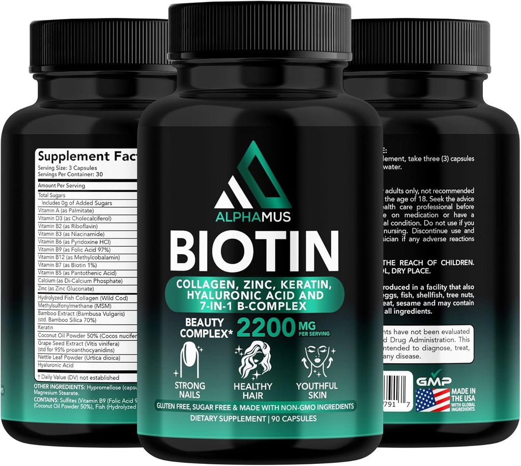תוספי biotin ו Collagen עם Keratin - ביוטין 5000mcg קפסולות עבור צמיחת שיער, עור בריא וציפורים - אופטימיזציה של תרכובת Hyaluronic Acid & ויטמין B עבור נשים וגברים, 90 קפסולות