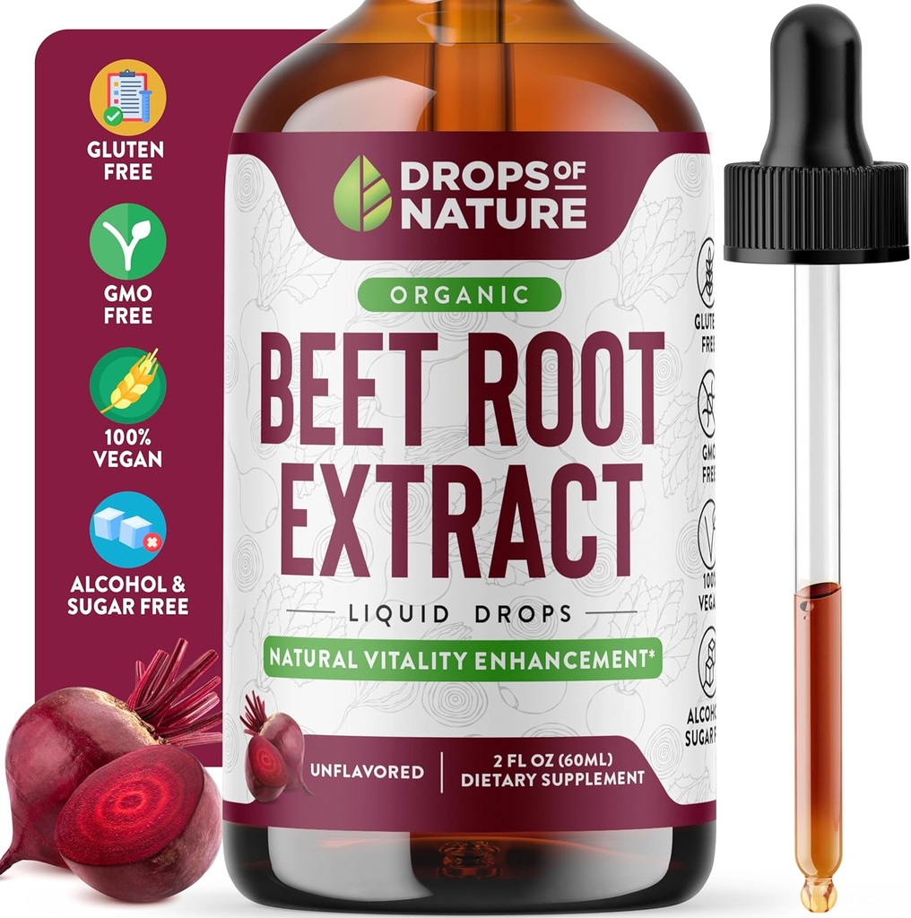 תוסף נוזלי שורש באט - Made with Organic Beets Extract - טבעוני וטהור - גבוה יותרפוטנטיות מאשר חניכיים, צ'כוסים וקפסולות - תומך באנרגיה, Vitality & Circulation (Unflaved, 60mL)