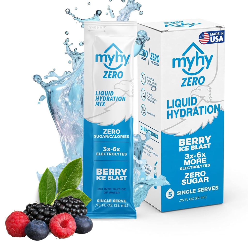 MyHy Zero Liquid hydrotion Packets, Sugar Free Electrolyte Drink for Hydration Support, Dehydration Relief for Travel, Pregnancy, Fitness, First & Firstette Party - ברי, 5 Count