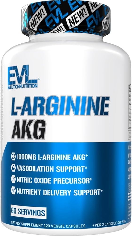 Evlution L-Arginine AKG - ותמיכה במשלוח תזונתי - Nitric Oxide Precursor - 1000 מ"ג L-Arginine AKG - Gluten Free & Non-GMO - תוספי תזונה - 60 משרתים - 120 Veggie קפסולות