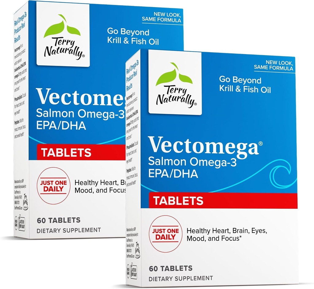 טרי באופן טבעי Vectomega - תוספת עם EPA & DHA - אומגה 3 טבליות עבור Brain & Heart Health תמיכה - תוספת תזונתית עם חומצות שומן חיוני ו פפפטידים - 60 טבליות (Pack of 2)