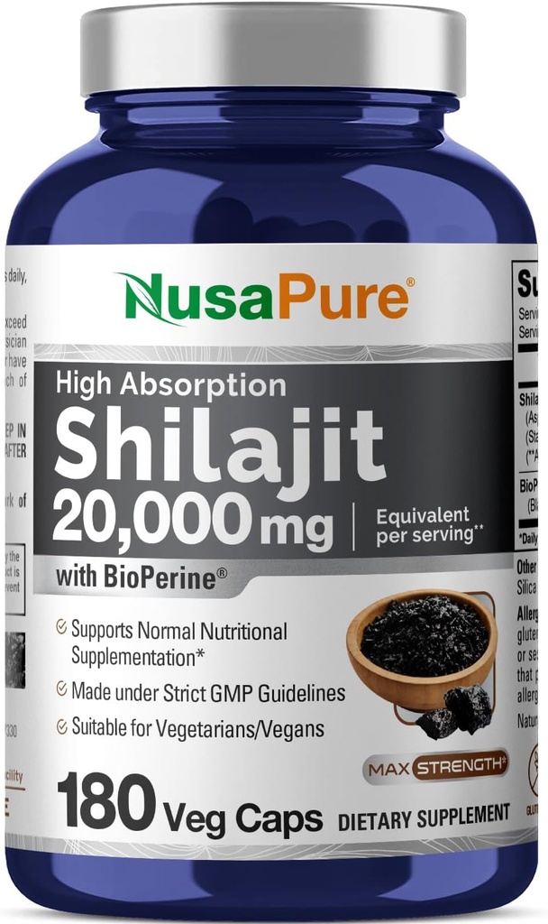 NusaPure Shilajit 20,000 מ"ג לשרת, 180 Veggie Caps, non-GMO, Gluten Free, Bioperine