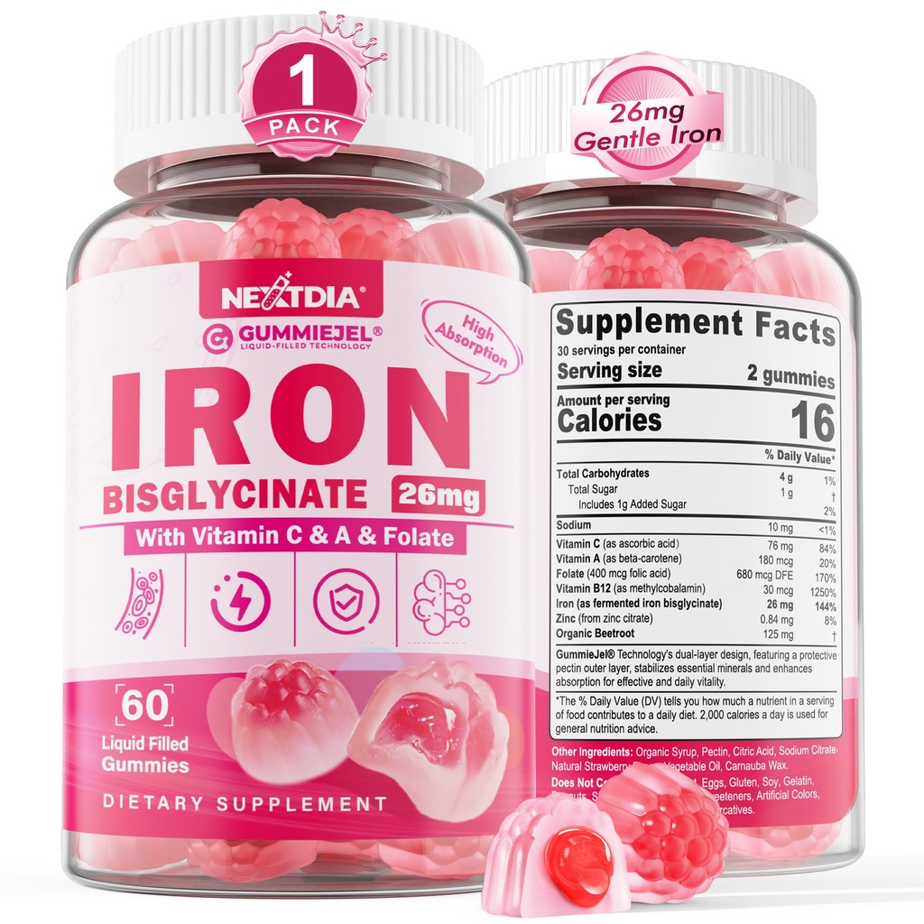 חניכיים ברזל לנשים וגברים - Iron Bisglycinate עם ויטמין C Folate B12 Zinc for Adults, Chewable Gentle Iron for Iron Deficiency, Energy Boost, Non-Constipating & After Taste, Sugar-Free 1 Pack