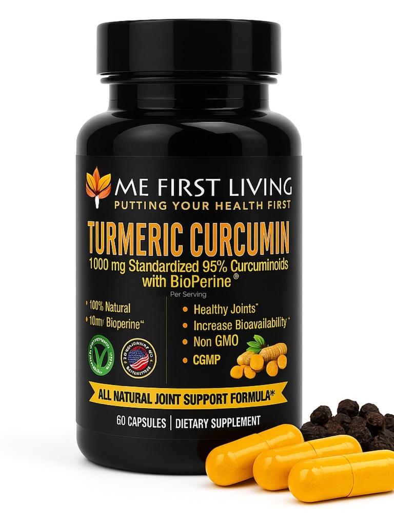 Me First Living Turmeric Curcumin 1000 מ"ג 95% Curcuminoids, Bioperine 10 מ"ג, 19x More Potent Than Others, הגדלת Absorption, Non-GMO, אורגני Turmeric, טבעוני, Gluten Free, 60 קפסולות