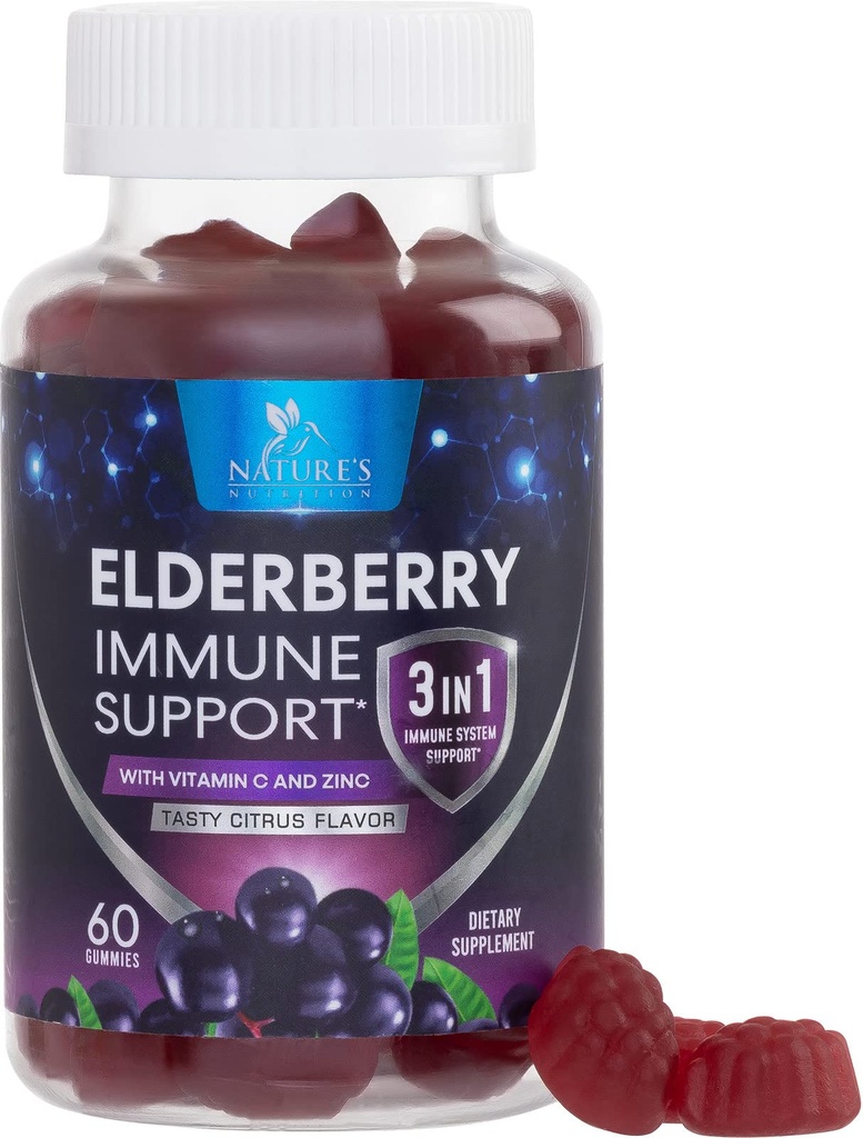 חניכיים ישנות עם ויטמין C, D3 ו- Zinc - Immune Support Gummy for Kids & Adults, Black Elderberry לחלץ חניכיים Immune Health Support Supplement, Black Elder Berry ויטמין - 60 חניכיים
