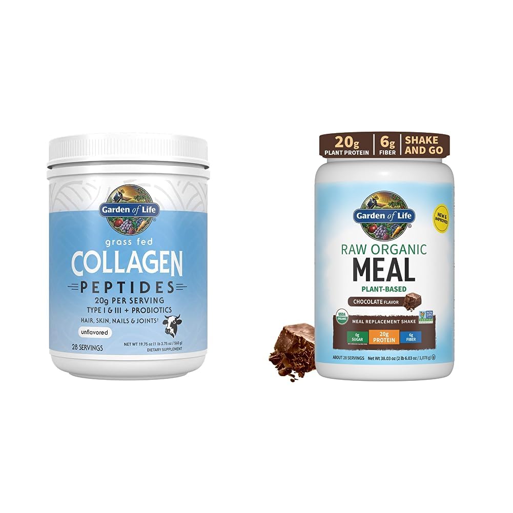 Garden of Life Grass Fed hydrolyzed Collagen חלבונים תוספי אבקת פפטידים, 19.75 & Tasty אורגני שוקולד Meal החלפת Shake טבעוני 20g