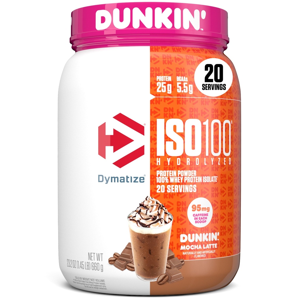 Dimatize x Dunkin' Mocha Latte ISO100 אבקת חלבון Whey, 95 מ"ג Caffeine, 25g של חלבון, 5.5g BCAAs, 120 Cal, Gluten Free, 1g שומן, 1g סוכר, 3g Carb לשרת (20)