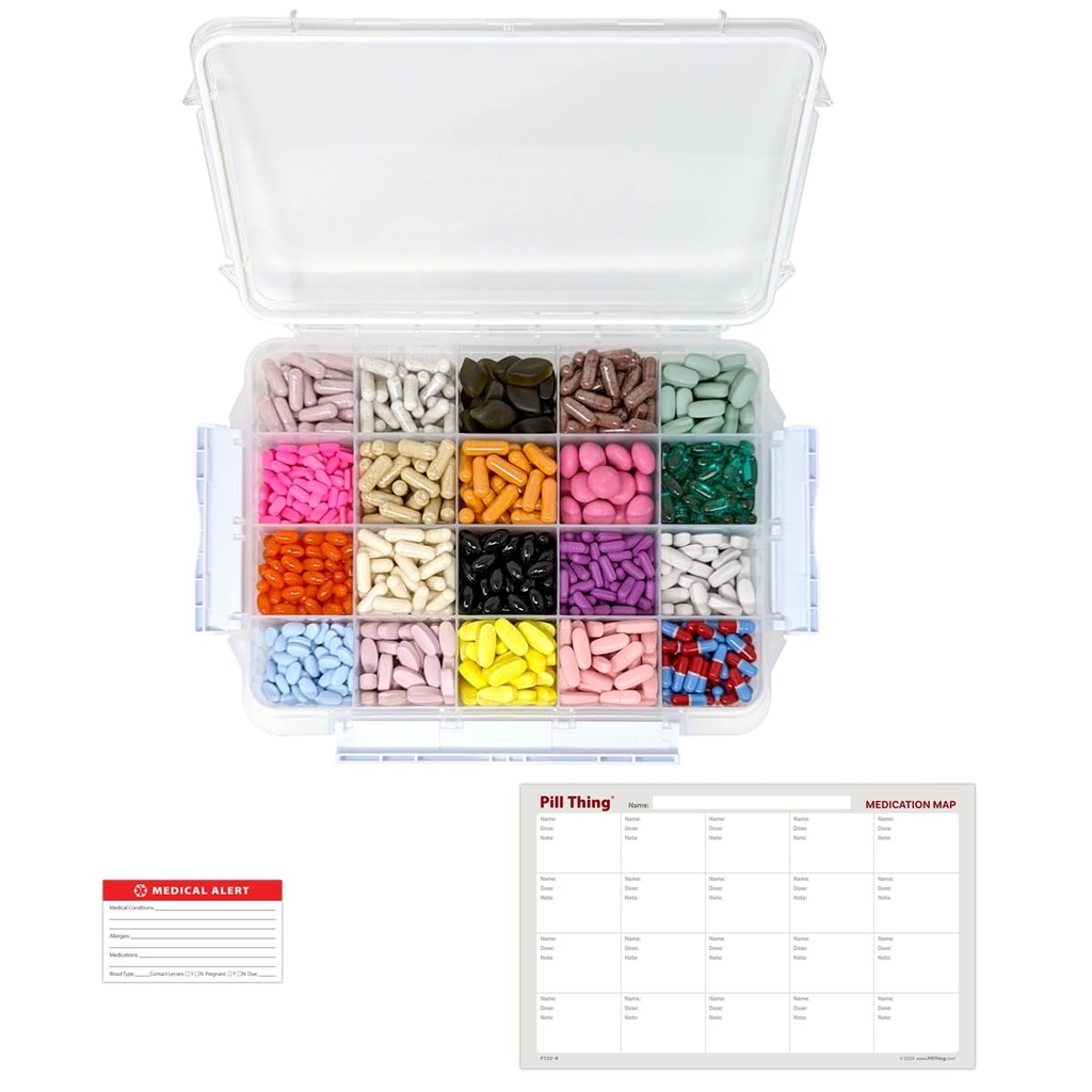 20 תיקי גלולות גדולים עם Airtight Seal - Silicone Gasket Waterהוכחה Med Box with Medicine Map (20 השוואה, 1 Pack)