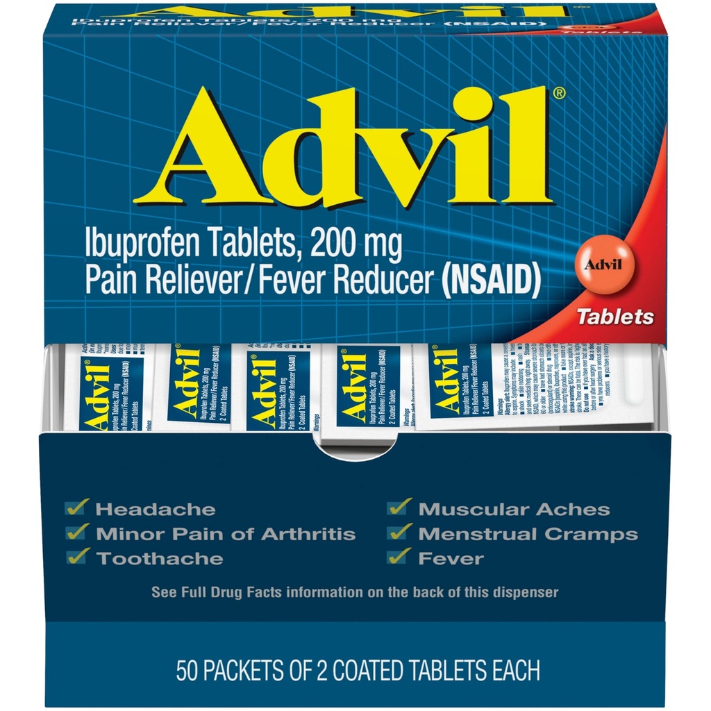 Advil Pain Reliever ו- Fever להפחית, טיפול בכאב עם Ibuprofen 200 מ"ג עבור כאבי ראש, כאבי גב, כאב סטריפי ו- Joint Pain Relief - 50x2 טבליות Coated