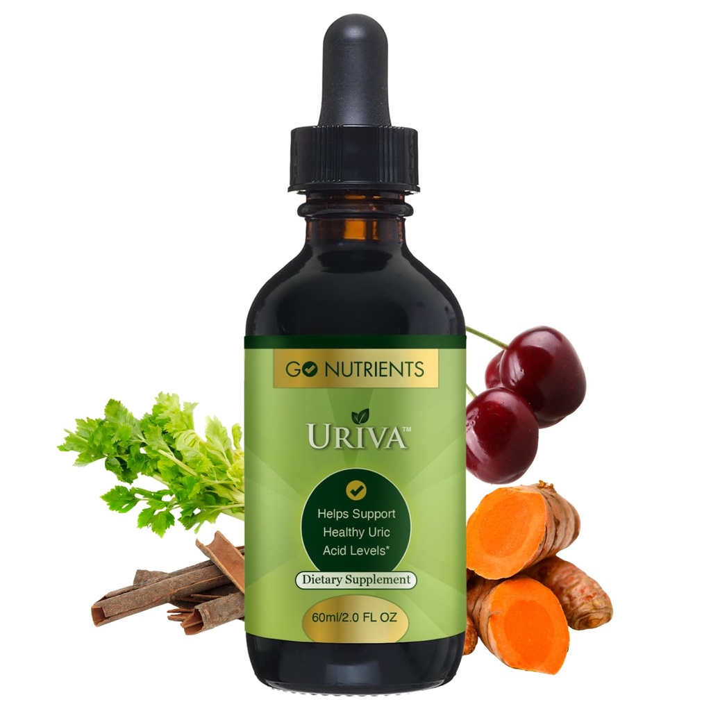 Go Foodsents Uriva - Advanced Uric Acid Flushse with Tart Cherry Extractd, Turmeric & More - High Absorption נוזל טיפות תוספת עבור מפרקים וקידני 2.0 oz.