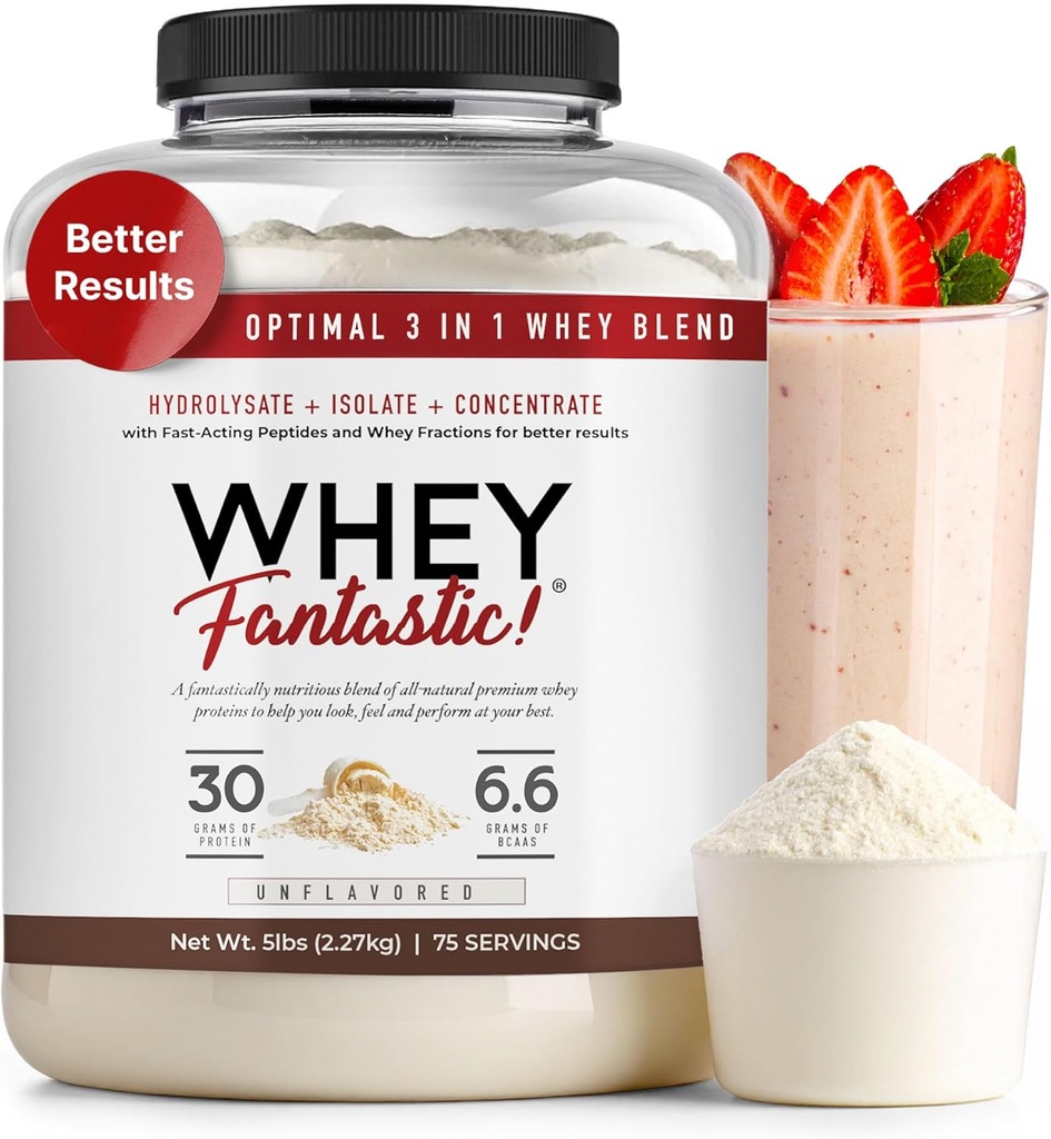 3in-1 אבקת חלבון Whey Unflavored 5lb - 30 גרם של חלבון Grass-Fed מ Whey Hydrolysate, Isolate ו ריכוז לשרת - non-GMO, Soy-Free, Sugar-Free - 63 משרתים