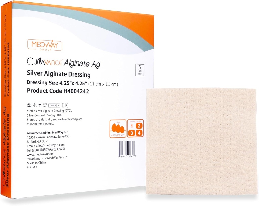 MedVance MedHeal Silver Calcium Alginate Ag Sterile High Absorbent Dressing, (4.25) x 4.25) 5 תלבושות / Box, 5 Count (Pack of 1)