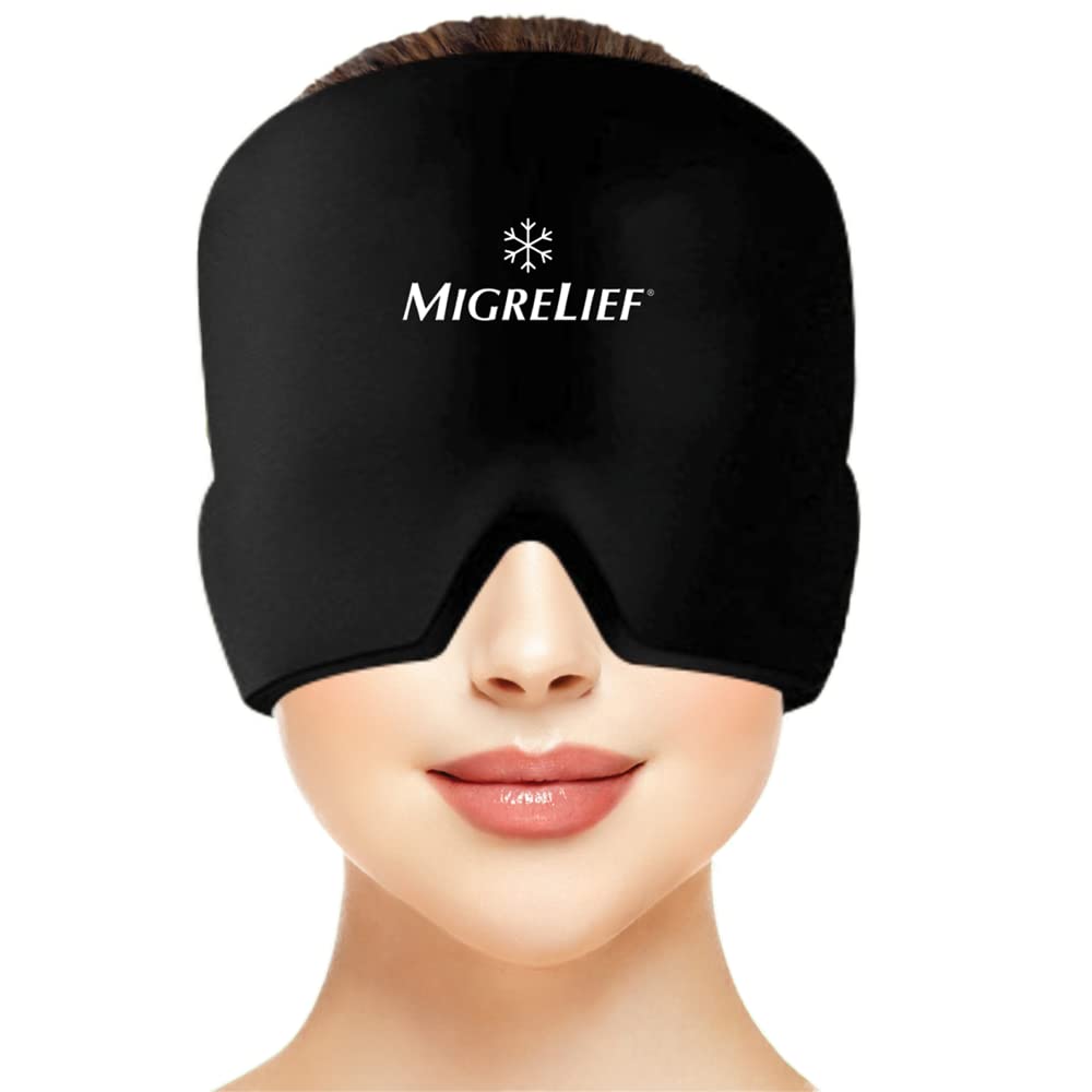 Migrelief Migraine הקלה Cap - Ice Cap for Migraines ו- Headaches עם 360 מעלות ראש ו כיסוי עיניים - Cold Therapy Headache Hat ו- Migraine Mask for Natural Pain Relief - גודל אחד, שחור