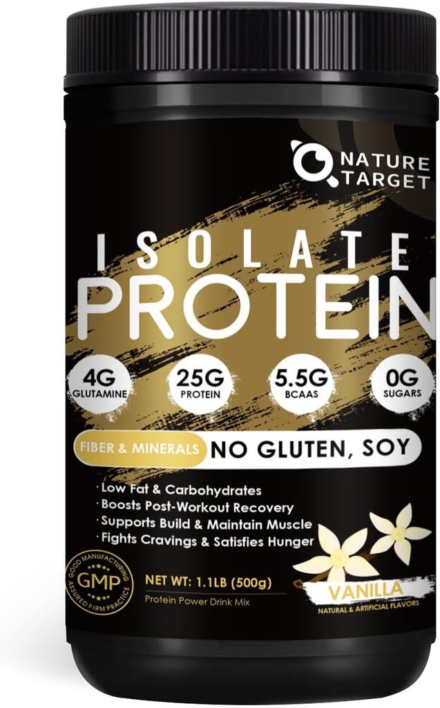 NATURE TARGET Isolate אבקת חלבון Whey וניל, 25g חלבון נמוך carb Sugar-Free & Gluten-Free, 5.5g BCAAs, עשיר בסיבים ומינרלים, 1.1 פאונד, 16 משרתים