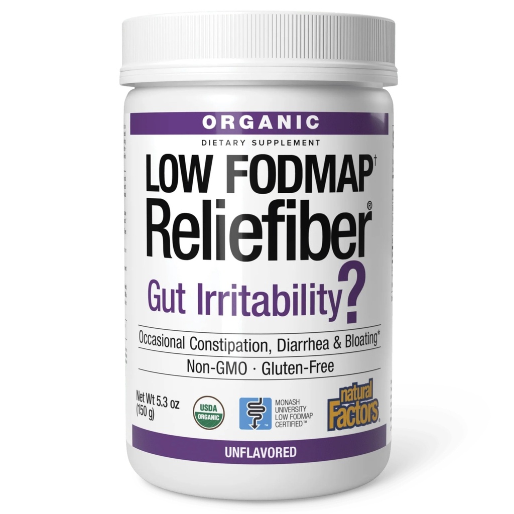 Natural Factors אורגני נמוך FODMAP הקלה אבקה - תוספת לתמיכה בבריאות העיכול עם Dietary & Soluble סיבים - Gut Health Support Aids Mild Bloating - Unflavored, 150 גרם (30 משרתים)