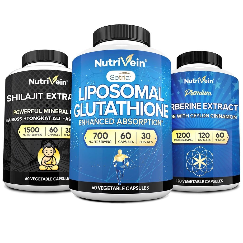Nutrivein Premium Shilajit כמוסות, Liposomal Glutathione תוסף, & Berberine תוסף Bundle: Berberine, Glutathione, & Shilajit קפסולות לגברים ונשים - Metabolism, Vitality, & Balance