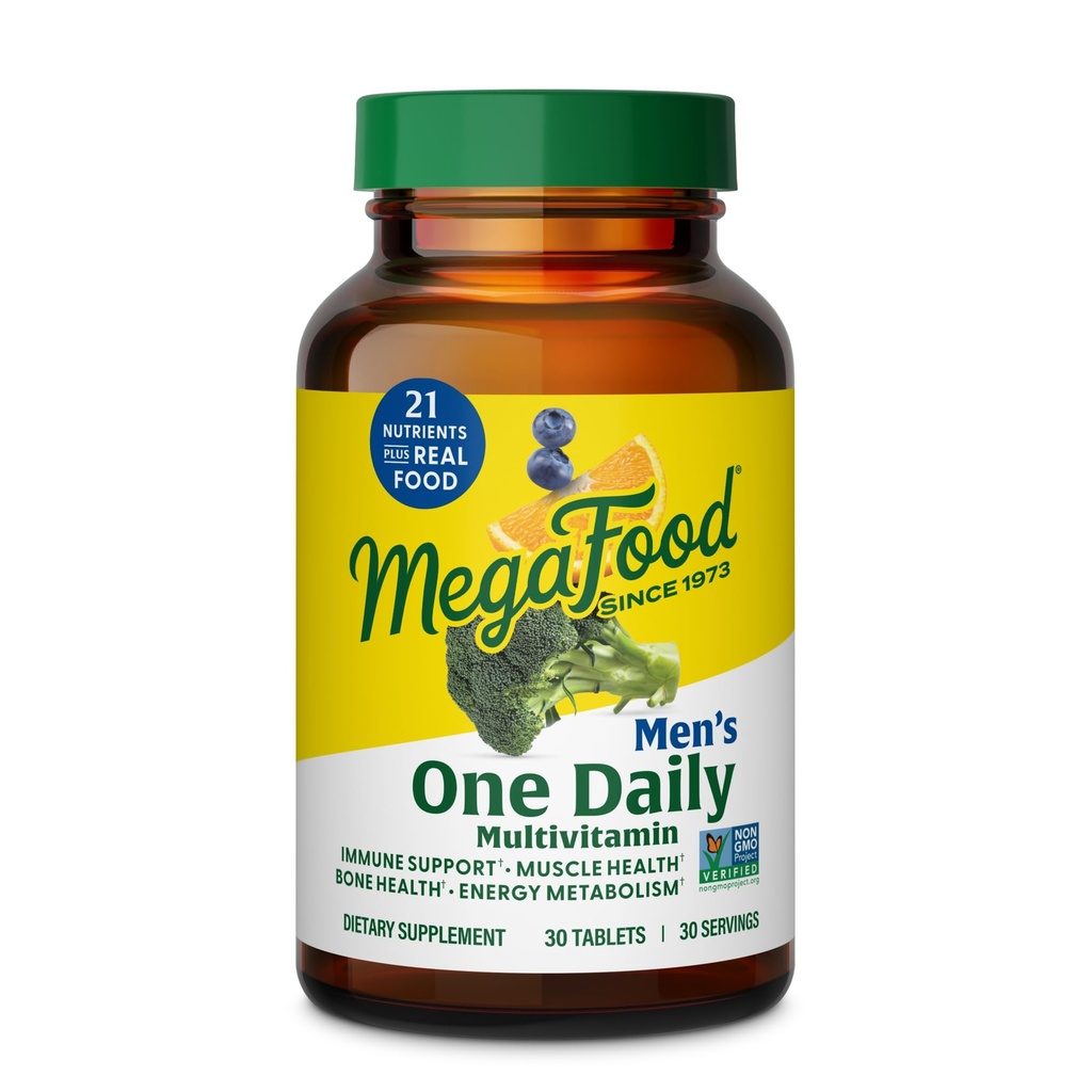 Mega Food One Daily Mens Multivitamins - Multivitamin for Men - ויטמין C, ויטמין D3 & ויטמין B12 - שריר, אנרגיה metabolism & Immune Support - Vegetarian, Gluten Free - 30 טבליות, 30 משרתים