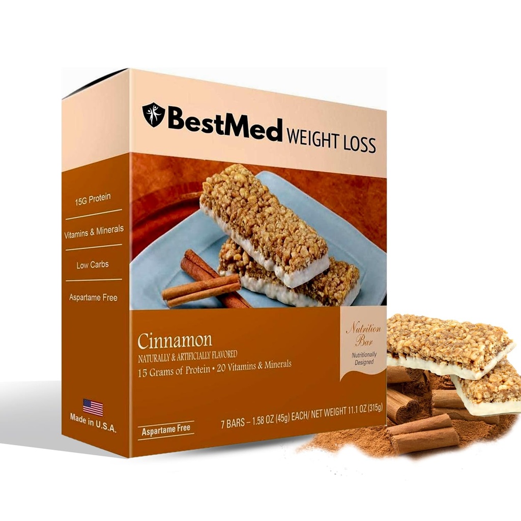 BestMed - High Protein Nutrition Bar - Low-Carb, 15g חלבון, סוכר נמוך, Low Calorie, Meal Switch Bar (Cinnamon, 1 Box - 7 Count)