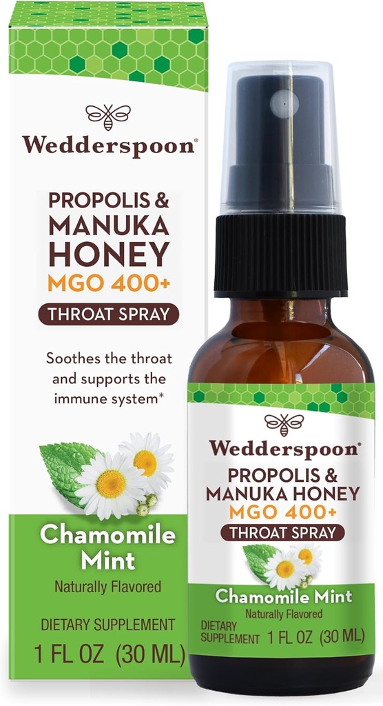 Wedderspoon Propolis ו-Manuka Honey גרון Spray, Chamomile & Mint, 1 Fl Oz (Pack of 1), Sore גרון הקלה, תמיכה טבעית