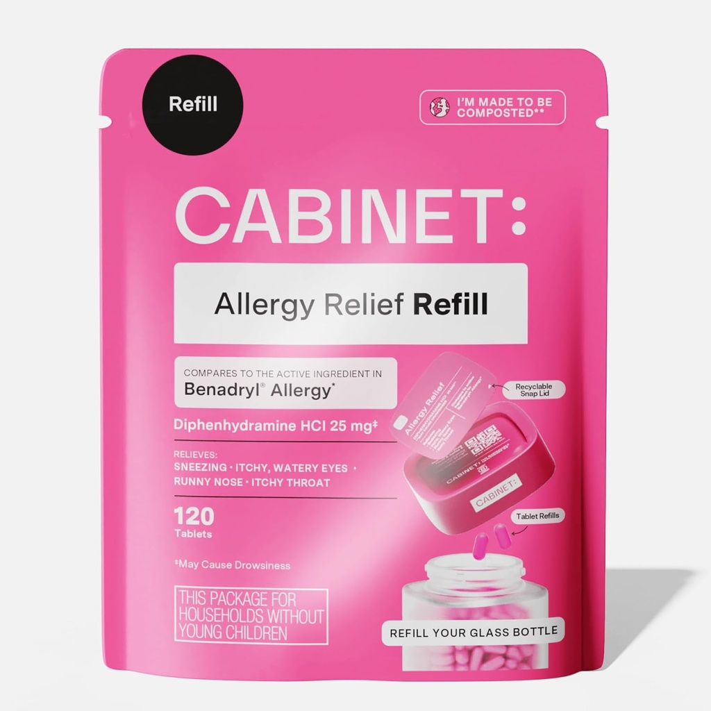 הקבינט: Diphenhydramine 25 מ"ג Allergy Relief Antihistamine טבליות עבור אלרגיות, Hay Fever, ו Runny Nose, 120 טבליות (Refill Pouch)