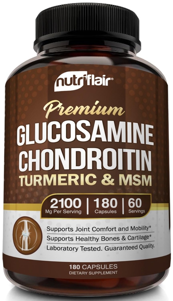 NutriFlair Glucosamine Chondroitin Turmeric MSM Boswellia, 180 קפסולות - תוספת נוחות משותפת - טבעי ולא-GMO - גלולות נגד חמצון - תמיכה בחזרה, ברכיים, ידיים, מפרקים, קרטלגיל, קרטלז.