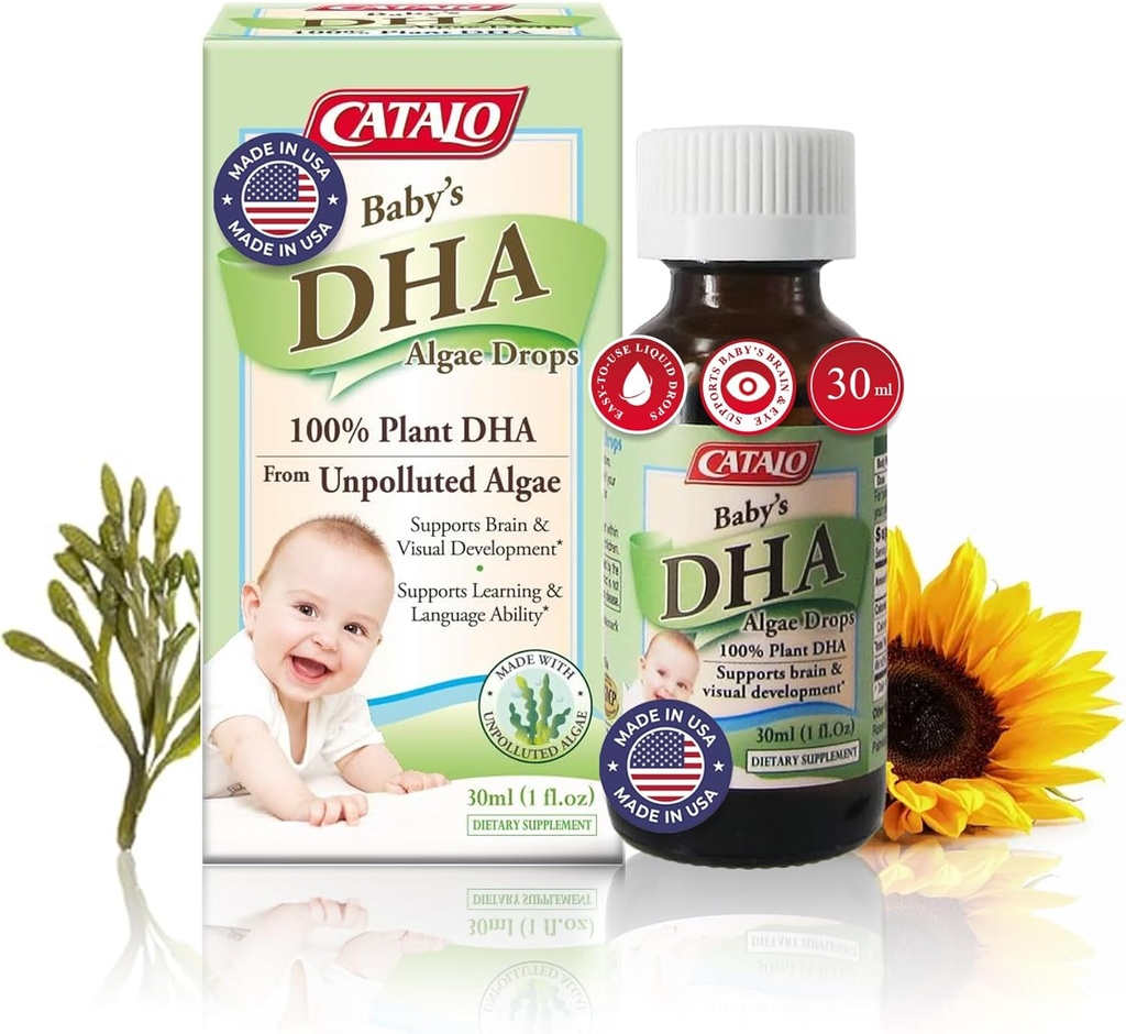 CATALO Baby's Algae DHA טיפות - אומגה 3 מבוססת צמחי לתינוקות - No Fish Oil, No artificial Additives - Easy-to-Use נוזל DHAs - 30 מ"ל (1 floz)