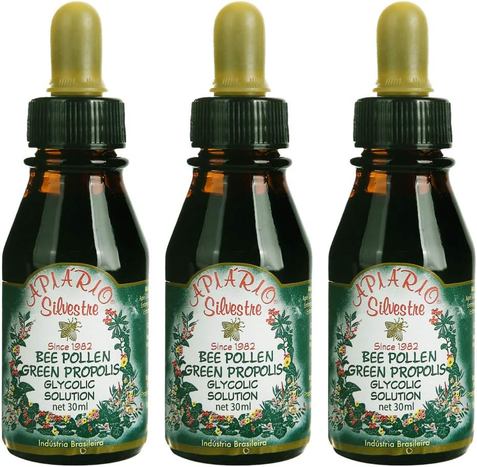 3 בקבוקי Apiario Silvestre Bee Pollen & ברזיל ירוק Bee Propolis נוזל - תמצית Glycolic ללא אלכוהולic, Wax חינם, סוכר חינם