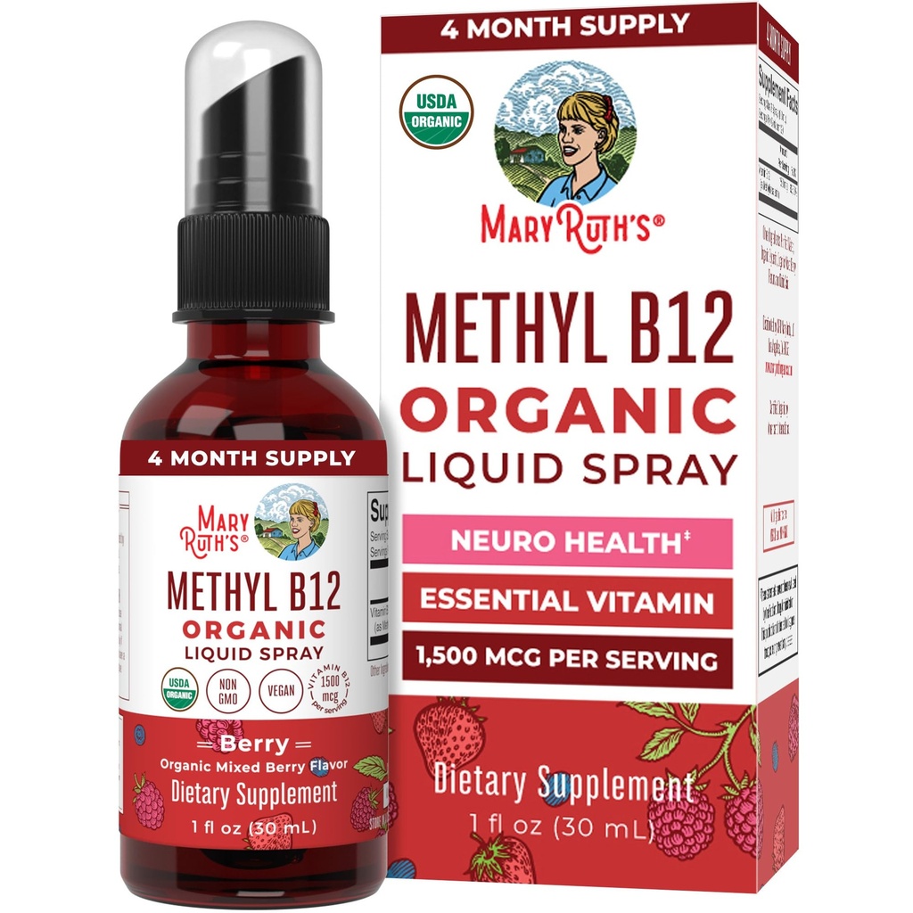 MaryRuth Organics ויטמין B12 נוזל Spray | טבעוני, non-GMO, Gluten-Free | USDA אורגני תוסף | אנרגיה ו- Nervous System Support | B12 ויטמינים לנשים וגברים | 1500 mcg | 1 Fl Oz Oz Oz