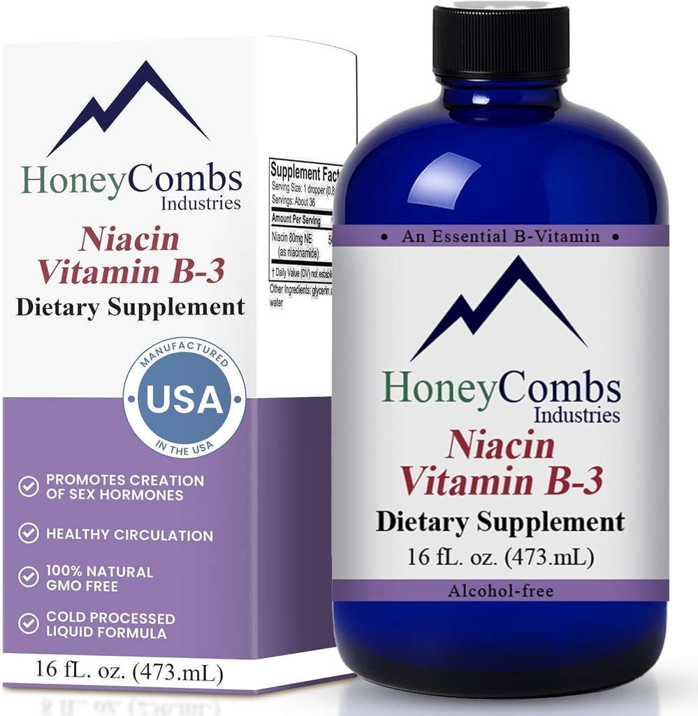 HoneyCombs ויטמין B3 Niacin נוזל טיפות - ויטמין B3 טיפות נוזלי לגברים ונשים - שמירה על מערכת העיכול, עור, שפה, אנרגיה ועוד - טבעוני Niacin Drop (16 Fl oz)