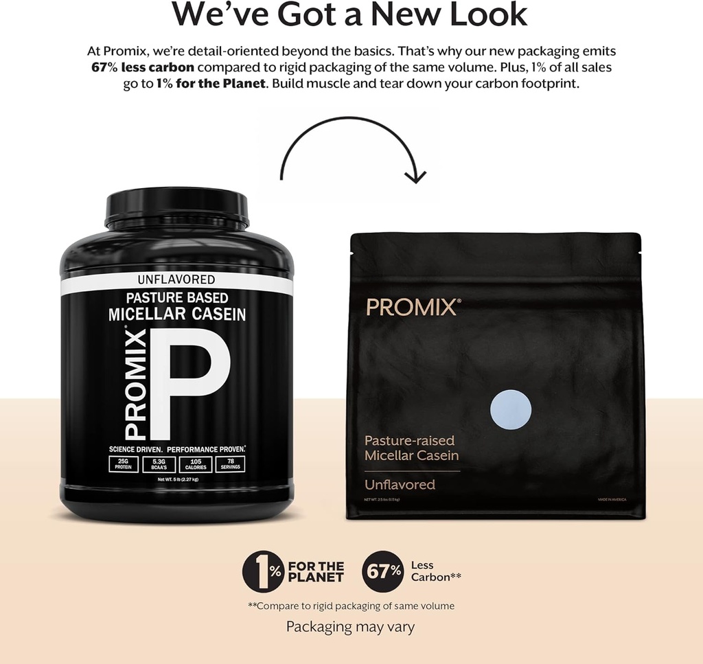 אבקת חלבון ProMix Nutrition Casein - Grass-Fed, Pasture גדל, שחרור איטי 25g Micellar Casein - 5.4g BCAAs Gluten חינם, סוכר חינם, Soy Free - Unflavored, 5lb