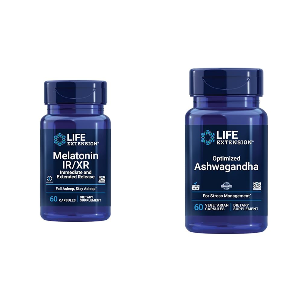 Life Extension Melatonin IR/XR & Optimized Ashwagandha - Sleep, Stress Relief, Focus, Memory - 60 קפסולות