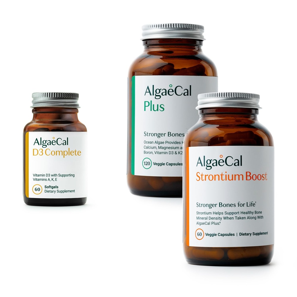 ALGAECAL Bone Health Bundle - D3 Complete (1000 IU) + K2, ויטמין E, ויטמין A & Plant-based Calcium נתמך קלינית כדי להגדיל את הכחדת העצם