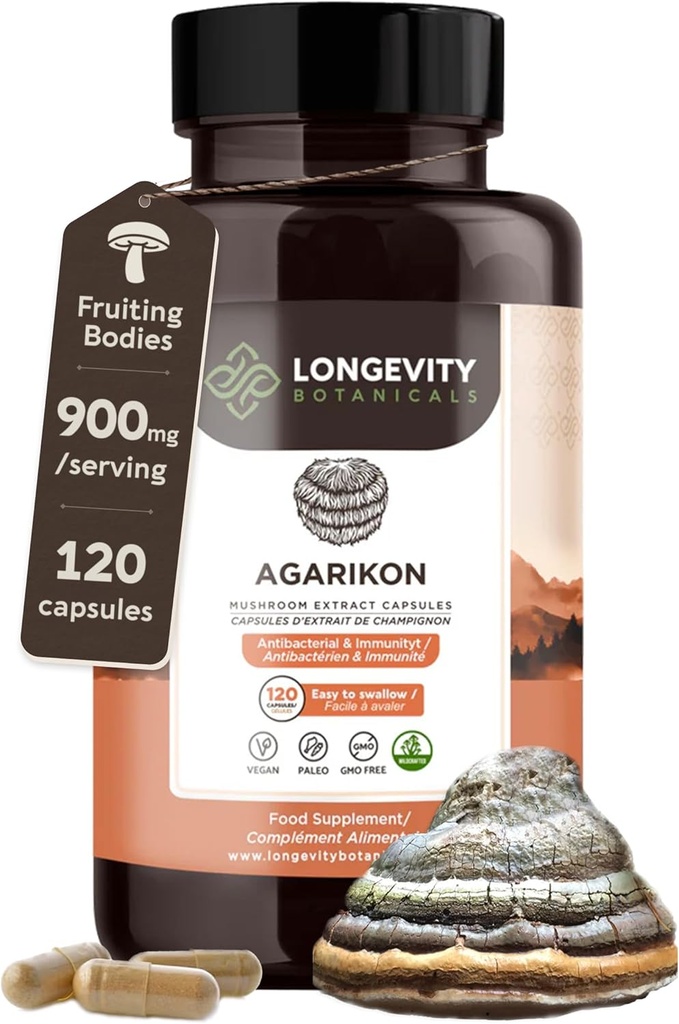 Longevity הבוטנים Agarikon Mushroom קפסולות (120) | ריכוז 10:1 Ratio | 100% פירות גופים | Laricifomes Officinalis תוסף עבור Immunity & Respiratory Support