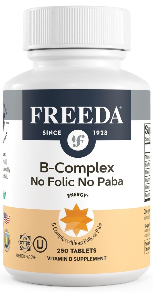 Freeda ויטמין B Complex No Folic No PABA - Super B Complex תוסף ויטמין B1 ויטמין B2 ויטמין B3 ויטמין B5 ויטמין B6 ויטמין B12 - Vit B Complex for Women & Men (250 Ct)