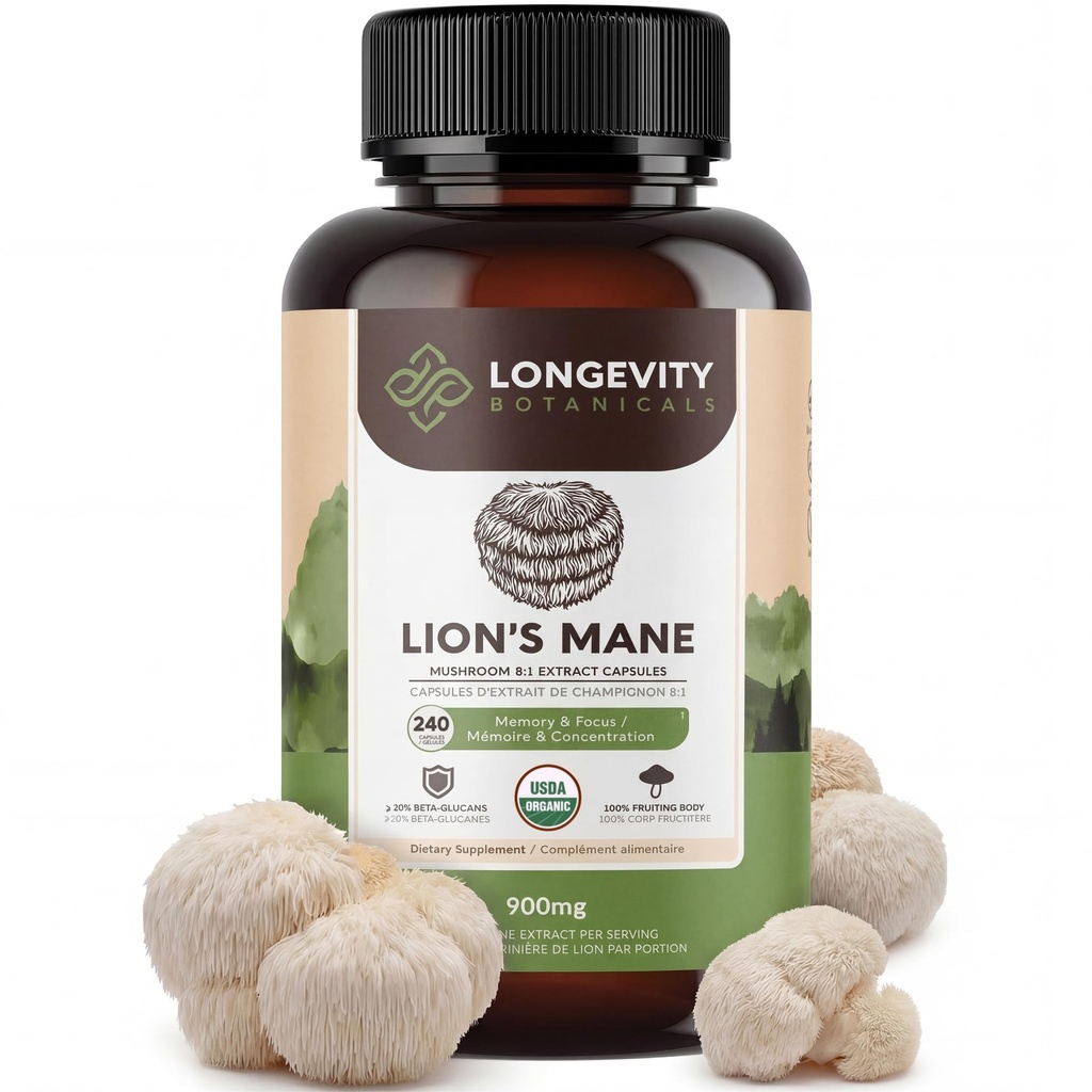 Longevity הבוטנים של Lion's Mane Mushroom כמוסות (240) | ריכוז 8:1 Ratio | 100% פירות גופים | Hericium Eceus Nootropic for Focus, Memory & Brain Support