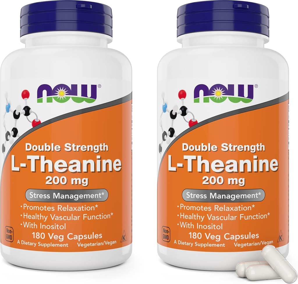 עכשיו מזונות L-theanine, כוח כפול 200 מ"ג Per Cap - 180 Veg קפסולות (Pack of 2) (360 Total caps) - משופרת עם 100 מ"ג Inositol - Vegetarian, non-GMO - Ltheanine 200 מ"ג תוספת תוסף