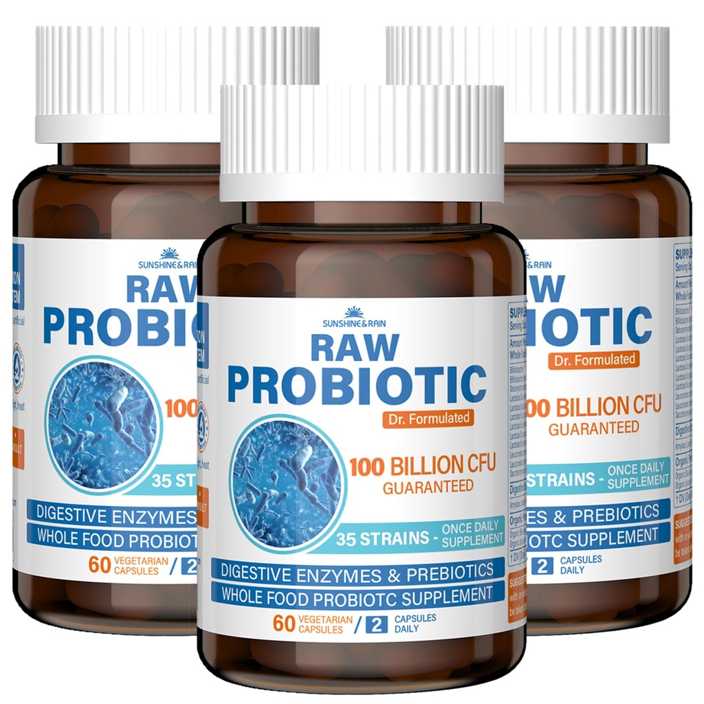 Raw Probiotics for Women & Men - 100 מיליארד CFU, 35 סטרינס, אורגני Prebiotics & Natural Digestive Enzymes for Digestive, Gut & Immune Health - Soy and Gluten Free, Non-GMO, 180 קפסולות טבעוניות