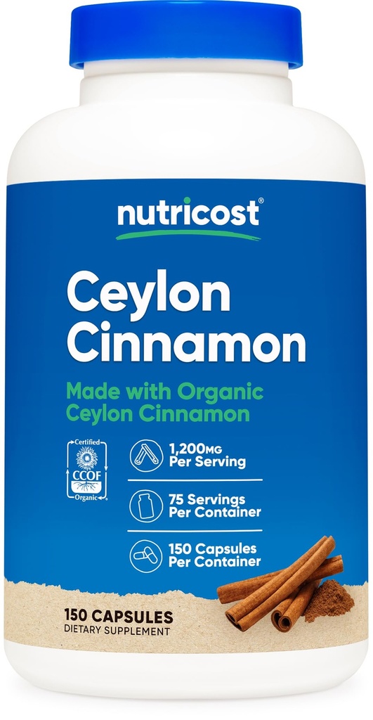 Accost Organic Cinnamon (Ceylon Cinnamon) 1,200 מ"ג משרת, 150 קפסולות - Gluten Free, non-GMO