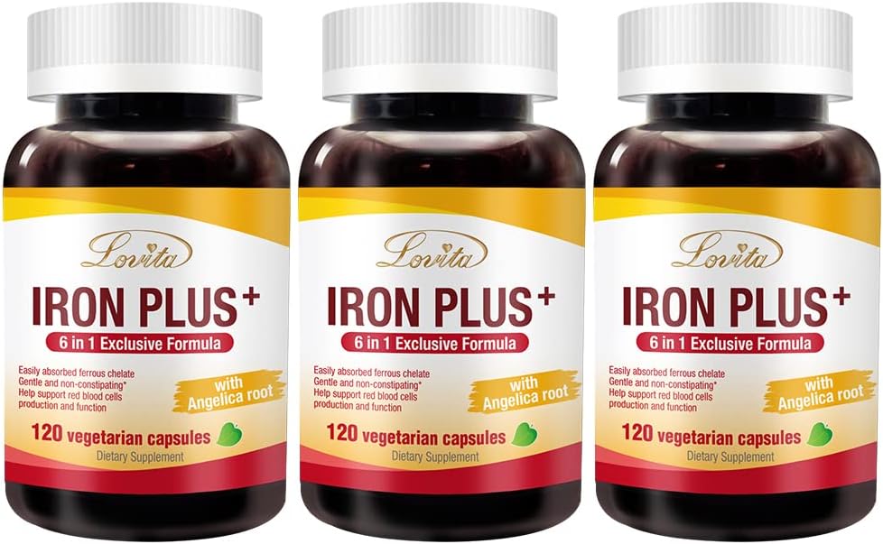 Lovita Iron 18 מ"ג, 6 ב 1 ברזל תוספת לנשים, עם ויטמין C, Dong Quai & B12, ויטמין טבעוני לתמוך Red Blood Cell הפקה ללא עצירות, 120 קפסולות (Pack of 3)