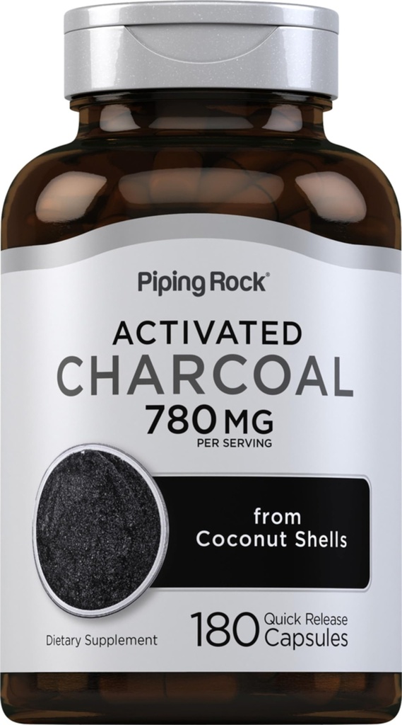 Piping Rock מופעל Charcoal Pills | 780 מ"ג | 180 קפסולות | מ- קוקוס Shells | Non-GMO, Gluten Free Supplement